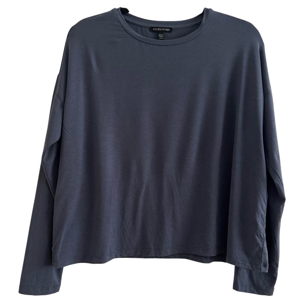 Eileen Fisher Women S Blue TENCEL Lyocell Boxy Long Sleeve Crew Neck Top